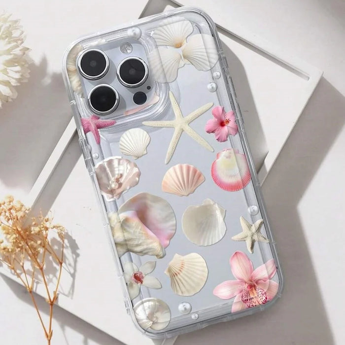 For iPhone 13 Pro Max Case Floral Starfish Shell Pattern Clear TPU Protective Phone Cover - Pink - 3