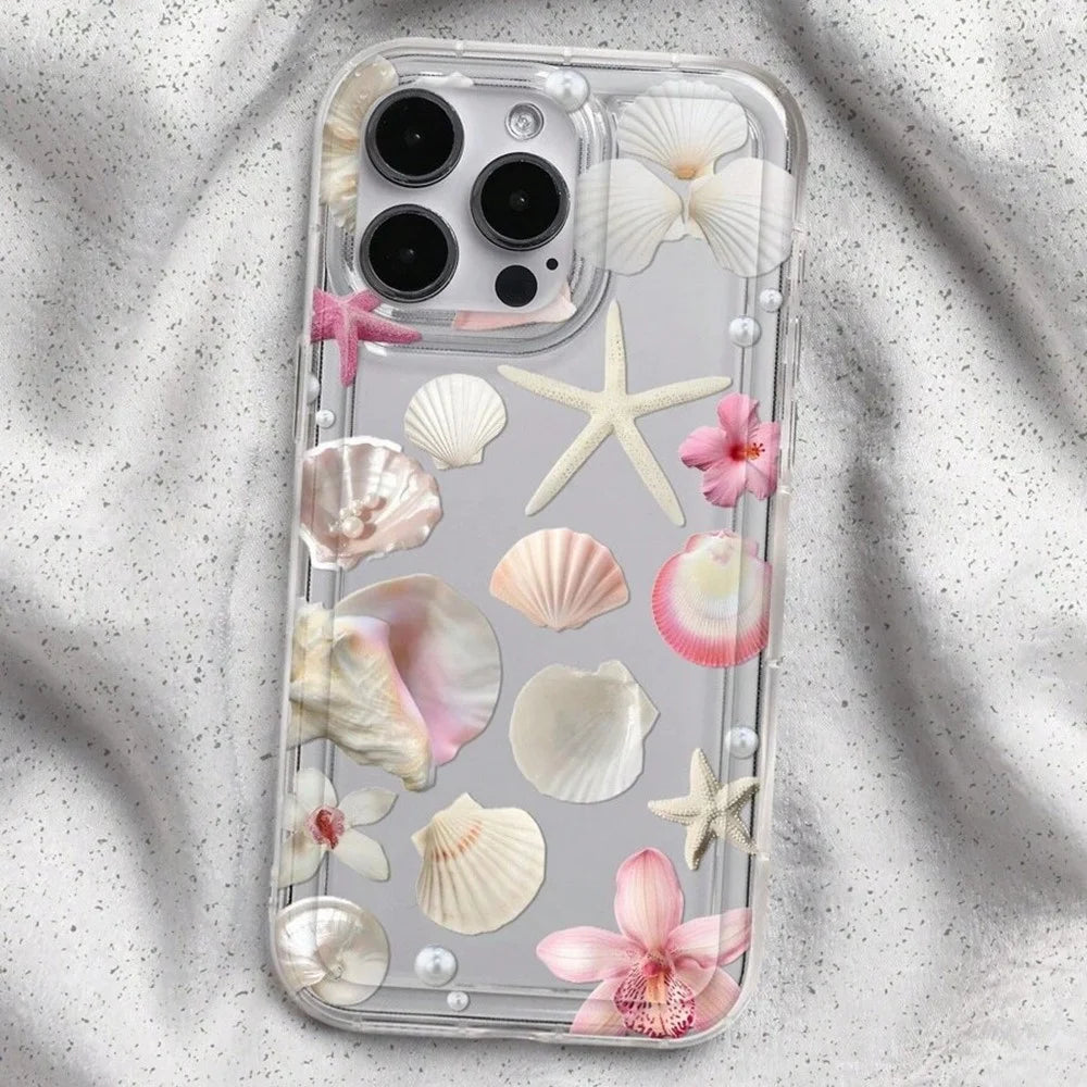 For iPhone 15 Plus Case Floral Starfish Shell Pattern Clear TPU Protective Phone Cover - Pink - 4