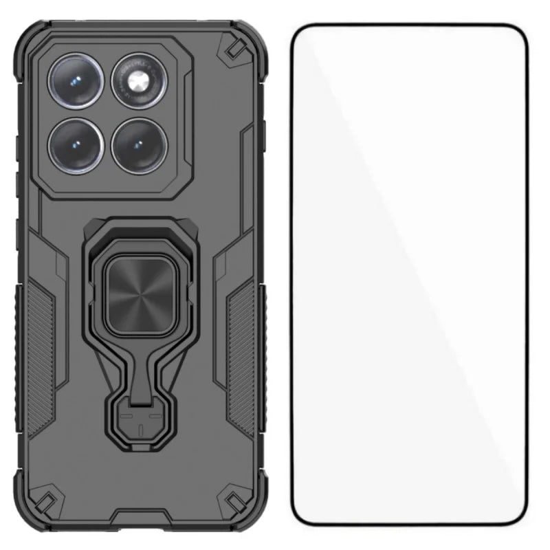 WANLONFENG for Motorola Edge 70 Pro 5G Phone Case  PC TPU Back Cover Kickstand with Tempered Glass - Black - 1