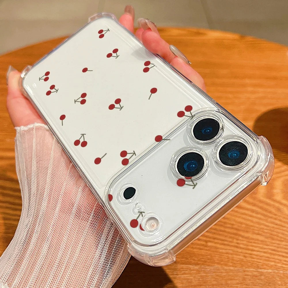 For iPhone 17 Pro Max Case Cherry Pattern Four Corner Protection Clear TPU Phone Cover - Cherry - 2