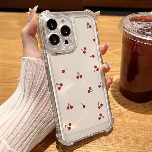 For iPhone 12 Case Cherry Pattern Four Corner Protection Clear TPU Phone Cover - Cherry - 1