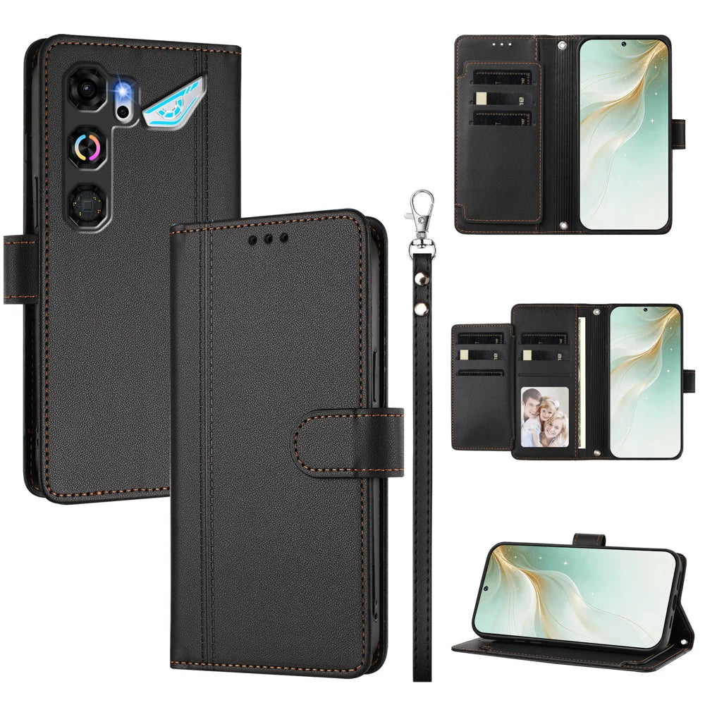 For ZTE nubia Neo 5 GT 5G Case 9 Card Slots PU Leather Flip Wallet Phone Cover with Hand Strap - Black - 1