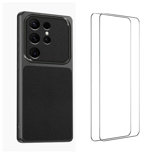 WANLONFENG for Samsung Galaxy S25 Ultra XYP Series Case Lambskin Texture PC TPU Precise Cutouts Phone Cover with 2Pcs Tempered Glass Film - Black - 1