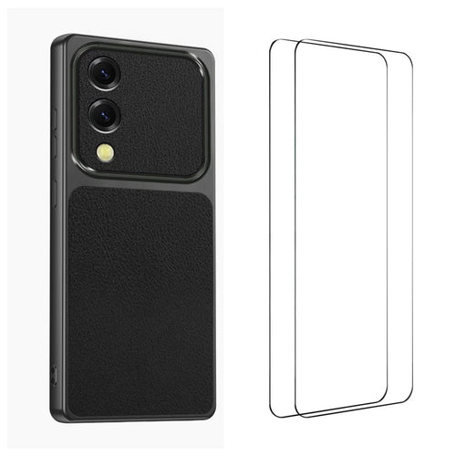 WANLONFENG for Samsung Galaxy S25 Edge XYP Series Case Lambskin Texture PC TPU Precise Cutouts Phone Cover with 2Pcs Tempered Glass Film - Black - 1