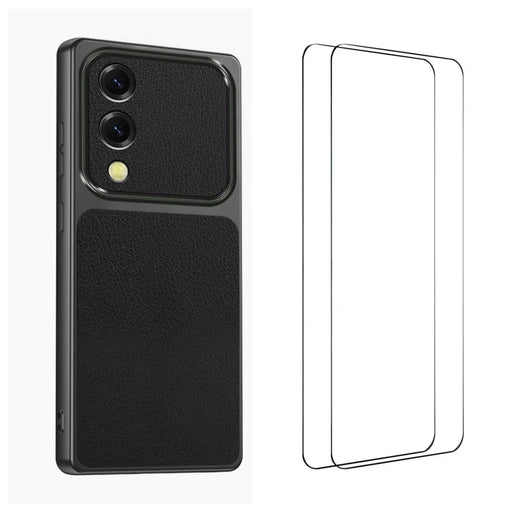 WANLONFENG for Samsung Galaxy S25 Edge XYP Series Case Lambskin Texture PC TPU Precise Cutouts Phone Cover with 2Pcs Tempered Glass Film - Black - 1