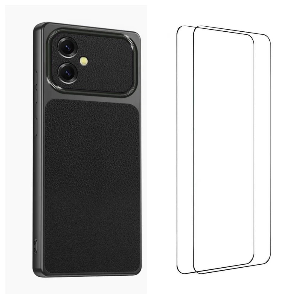 WANLONFENG for Samsung Galaxy A06 5G XYP Series Case Lambskin Texture PC TPU Precise Cutouts Phone Cover with 2Pcs Tempered Glass Film - Black - 1