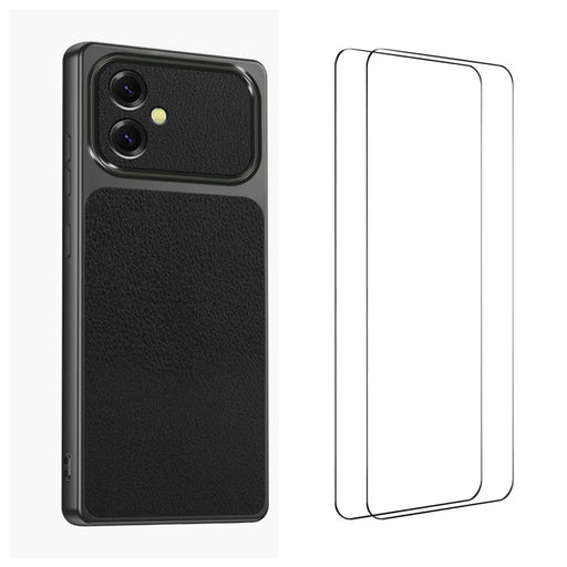 WANLONFENG for Samsung Galaxy A06 4G XYP Series Case Lambskin Texture PC TPU Precise Cutouts Phone Cover with 2Pcs Tempered Glass Film - Black - 1