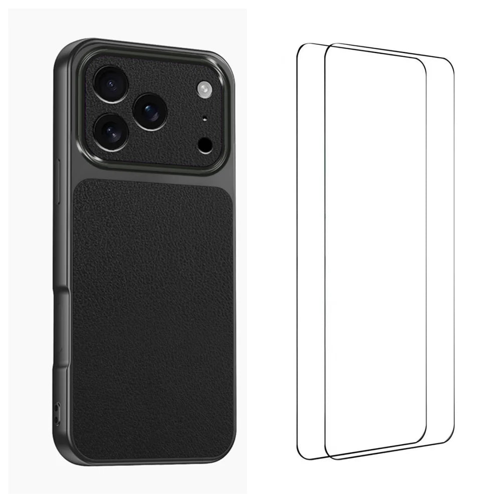 WANLONFENG for iPhone 17 Pro XYP Series Case Lambskin Texture PC TPU Precise Cutouts Phone Cover with 2Pcs Tempered Glass Film - Black - 1