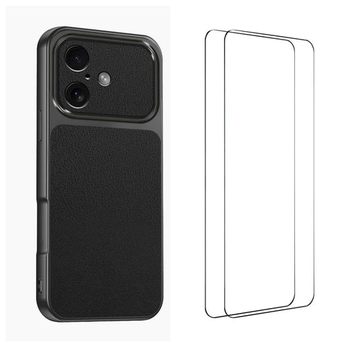 WANLONFENG for iPhone 16 XYP Series Case Lambskin Texture PC TPU Precise Cutouts Phone Cover with 2Pcs Tempered Glass Film - Black - 1