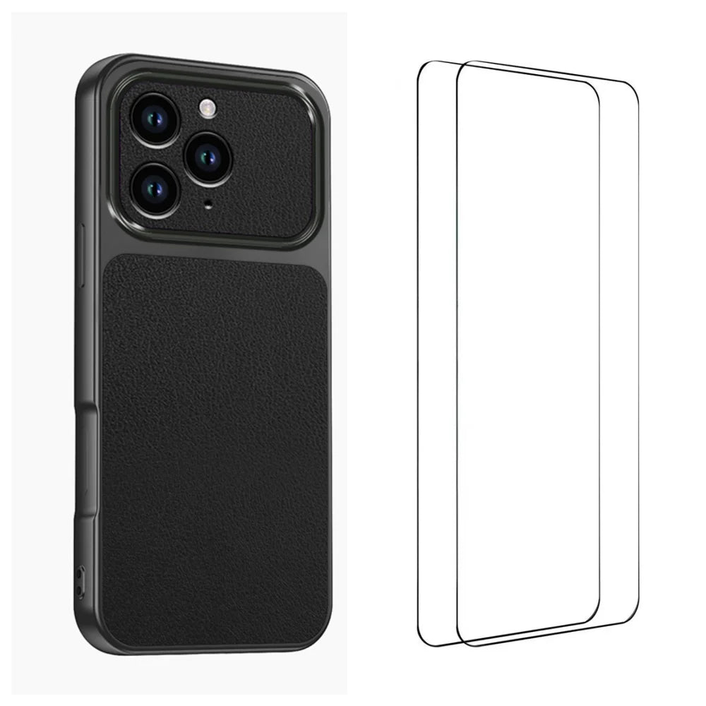 WANLONFENG for iPhone 16 Pro Max XYP Series Case Lambskin Texture PC TPU Precise Cutouts Phone Cover with 2Pcs Tempered Glass Film - Black - 1