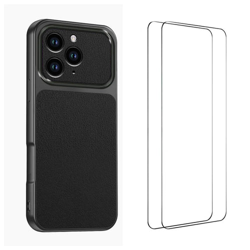 WANLONFENG for iPhone 16 Pro XYP Series Case Lambskin Texture PC TPU Precise Cutouts Phone Cover with 2Pcs Tempered Glass Film - Black - 1