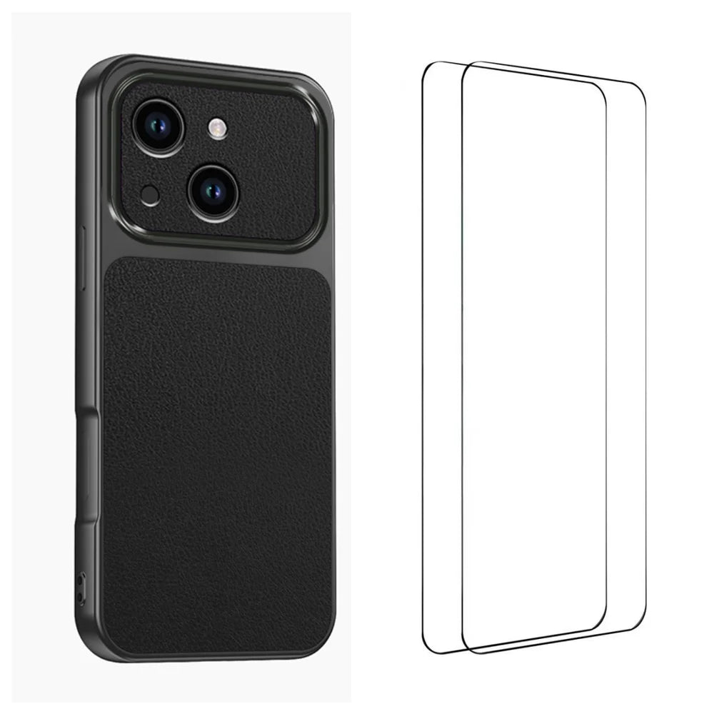 WANLONFENG for iPhone 15 XYP Series Case Lambskin Texture PC TPU Precise Cutouts Phone Cover with 2Pcs Tempered Glass Film - Black - 1