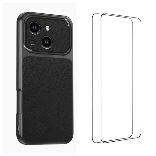 WANLONFENG for iPhone 15 XYP Series Case Lambskin Texture PC TPU Precise Cutouts Phone Cover with 2Pcs Tempered Glass Film - Black - 1