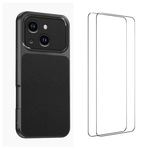WANLONFENG for iPhone 15 XYP Series Case Lambskin Texture PC TPU Precise Cutouts Phone Cover with 2Pcs Tempered Glass Film - Black - 1
