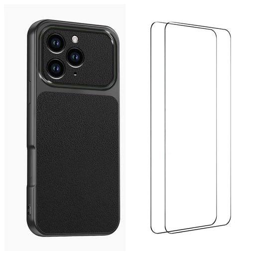 WANLONFENG for iPhone 15 Pro Max XYP Series Case Lambskin Texture PC TPU Precise Cutouts Phone Cover with 2Pcs Tempered Glass Film - Black - 1