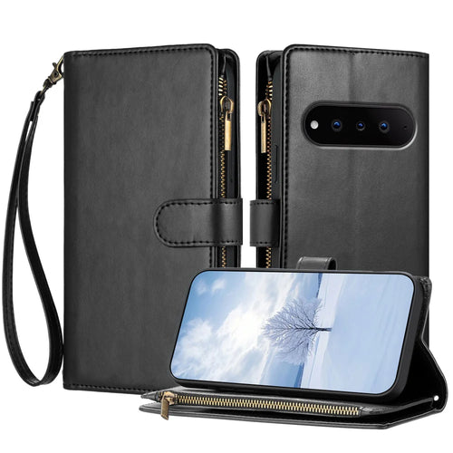 For Natural AI Phone Leather Case Zipper Wallet Stand Shockproof Phone Cover with Wrist Strap - Black - 1