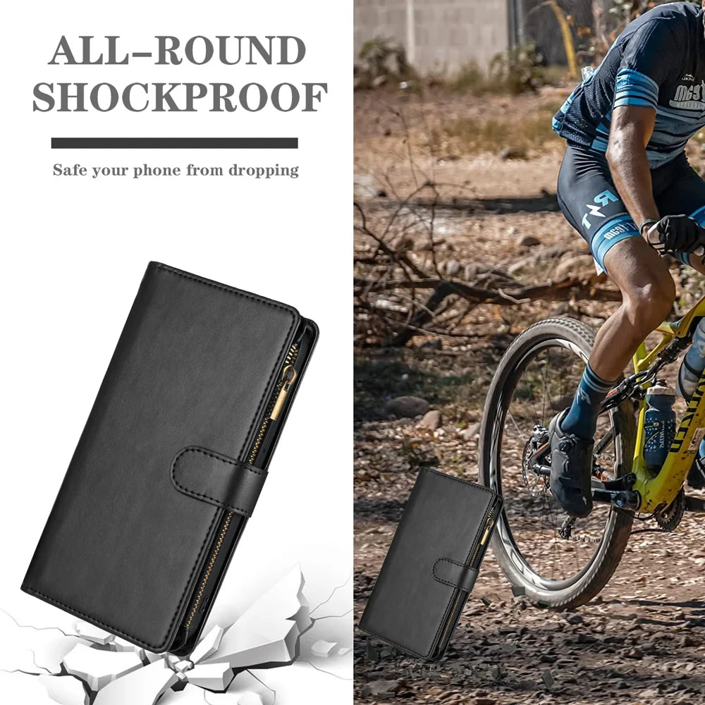For Natural AI Phone Leather Case Zipper Wallet Stand Shockproof Phone Cover with Wrist Strap - Black - 7