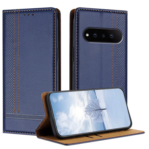 For Natural AI Phone Case L-Shaped Grid Pattern Leather Stand Phone Cover with Card Slots - Blue - 1