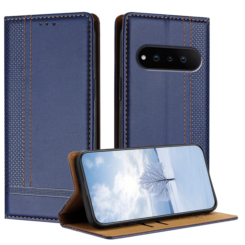 For Natural AI Phone Case L-Shaped Grid Pattern Leather Stand Phone Cover with Card Slots - Blue - 1
