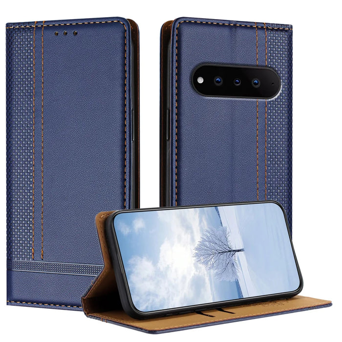 For Natural AI Phone Case L-Shaped Grid Pattern Leather Stand Phone Cover with Card Slots - Blue - 1