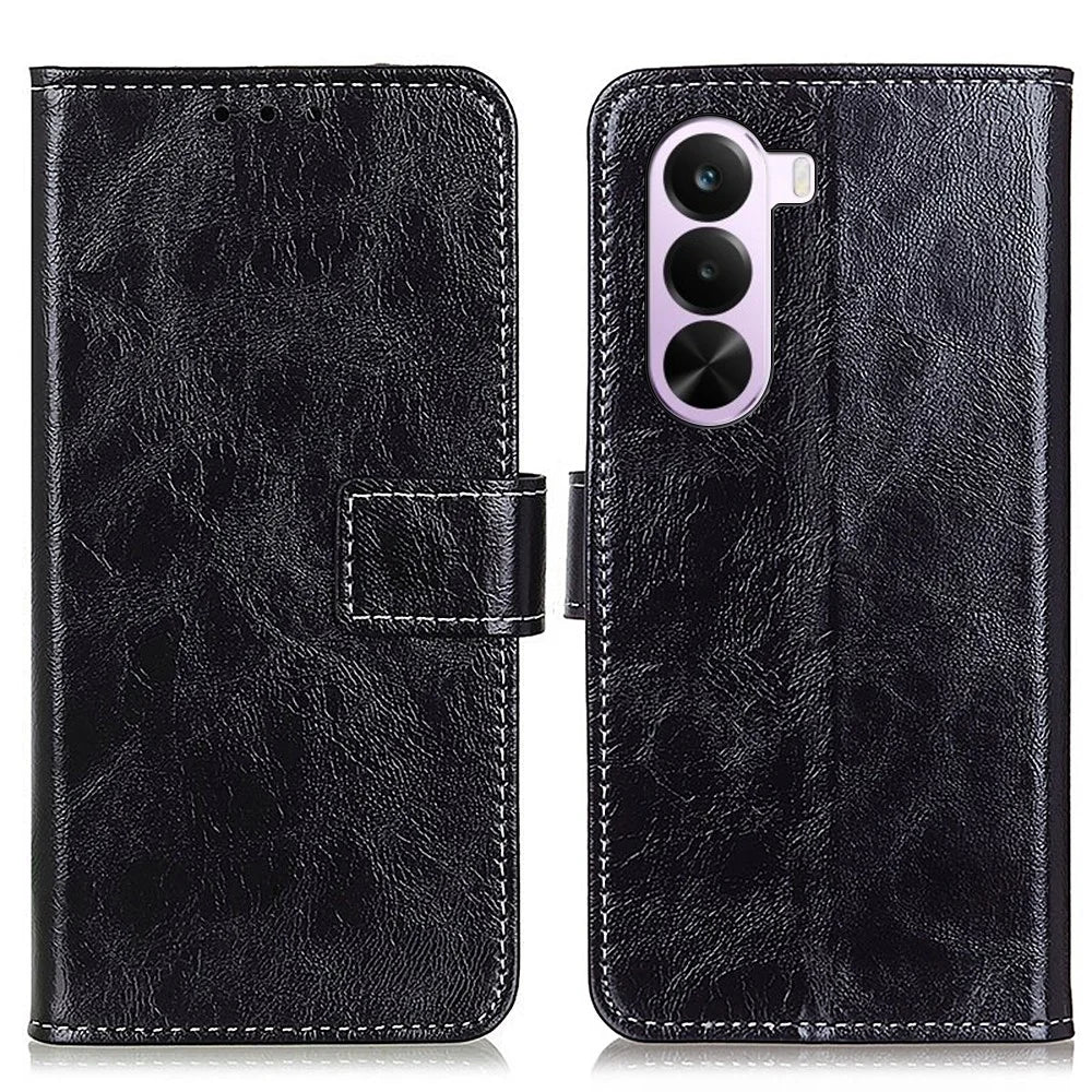 For OnePlus Nord CE6 Lite 5G / Realme P4x 5G Case Wallet Leather Phone Cover Crazy Horse Texture - Black - 1