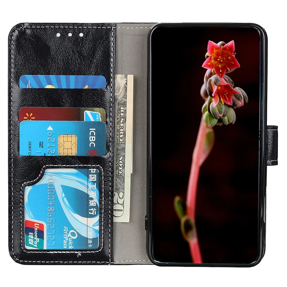 For OnePlus Nord CE6 Lite 5G / Realme P4x 5G Case Wallet Leather Phone Cover Crazy Horse Texture - Black - 3