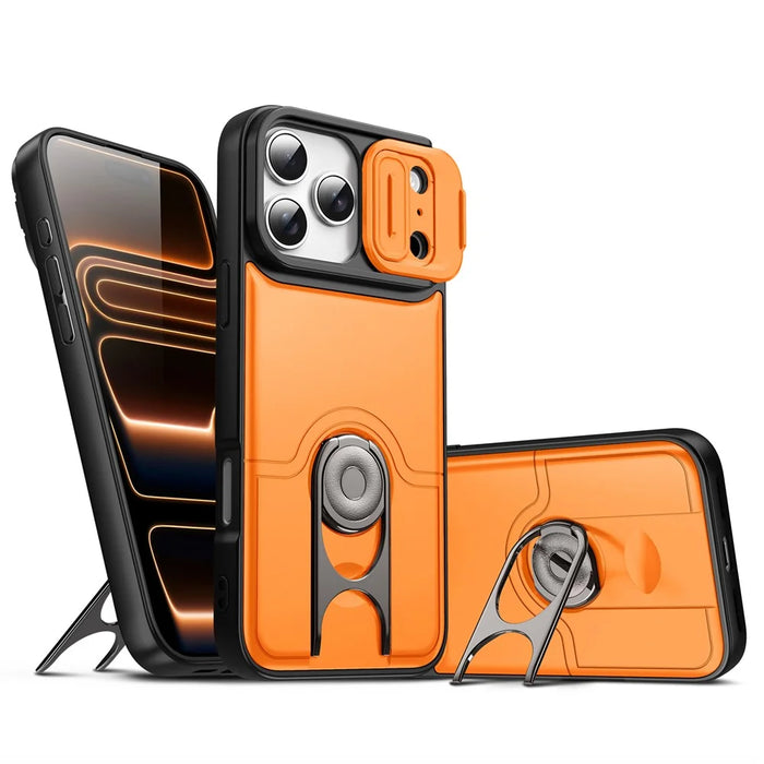 For iPhone 17 Pro Case with Slide Camera Cover Kickstand PC + TPU Protective Phone Shell - Orange - 1