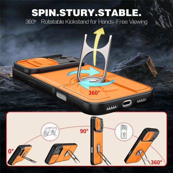 For iPhone 17 Pro Case with Slide Camera Cover Kickstand PC + TPU Protective Phone Shell - Orange - 3