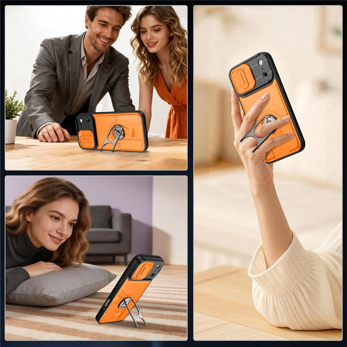 For iPhone 17 Pro Case with Slide Camera Cover Kickstand PC + TPU Protective Phone Shell - Orange - 4