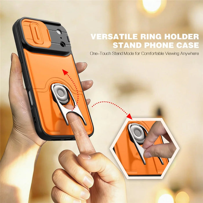 For iPhone 17 Pro Case with Slide Camera Cover Kickstand PC + TPU Protective Phone Shell - Orange - 5