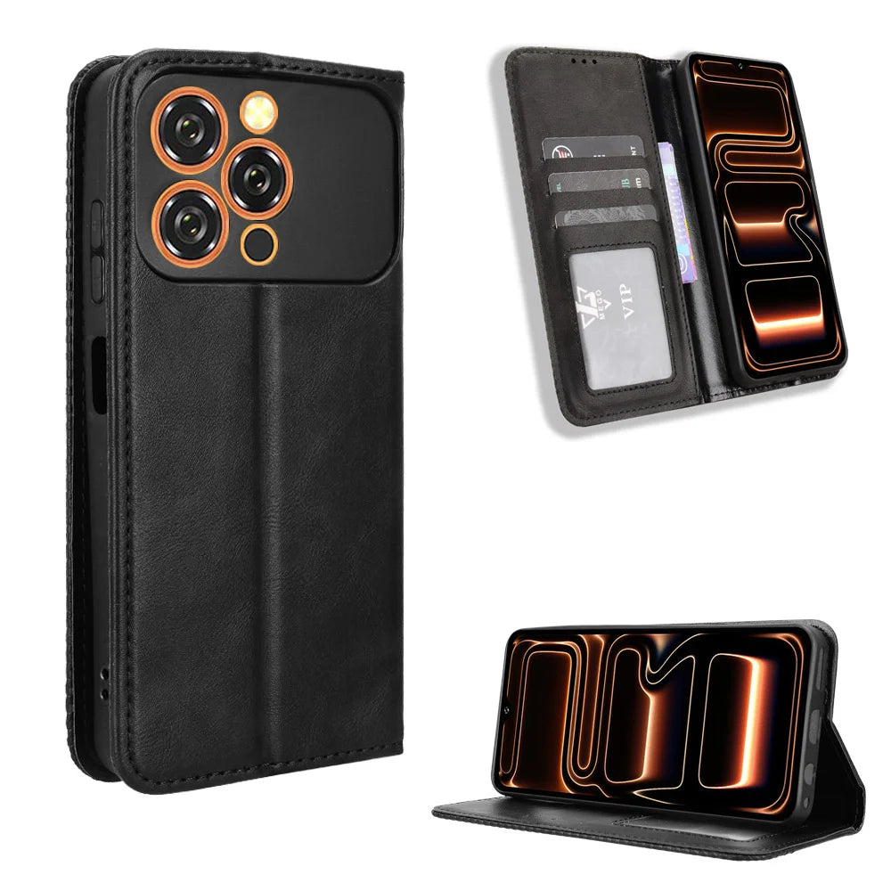 For Oukitel C17 Leather Case Wallet Stand Retro Texture Phone Cover - Black - 1