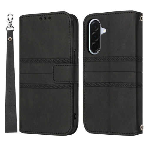 For Samsung Galaxy A27 5G Case Wallet Skin-Touch Leather Imprinted Phone Cover with Wrist Strap - Black - 1