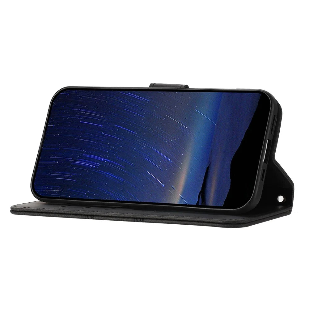 For Samsung Galaxy A27 5G Case Wallet Skin-Touch Leather Imprinted Phone Cover with Wrist Strap - Black - 3