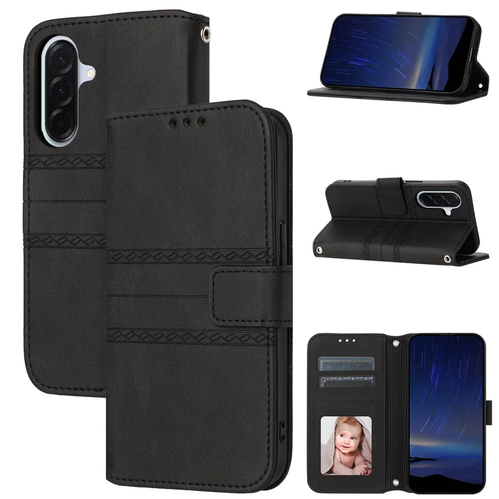 For Samsung Galaxy A27 5G Case Wallet Skin-Touch Leather Imprinted Phone Cover with Wrist Strap - Black - 7