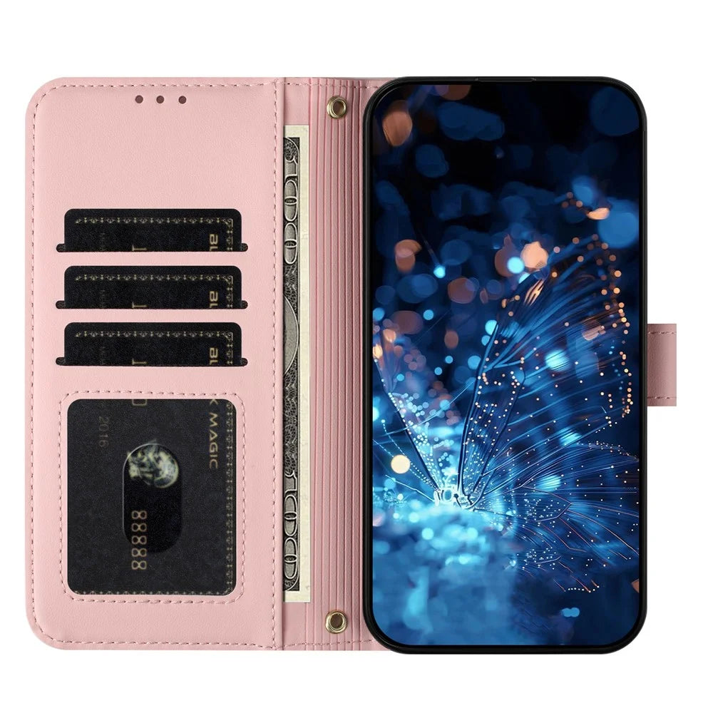 For Samsung Galaxy A27 5G Case Glitter Butterfly Zipper Pocket Stand Leather Phone Cover with Hand Strap  /  Shoulder Strap - Pink - 3