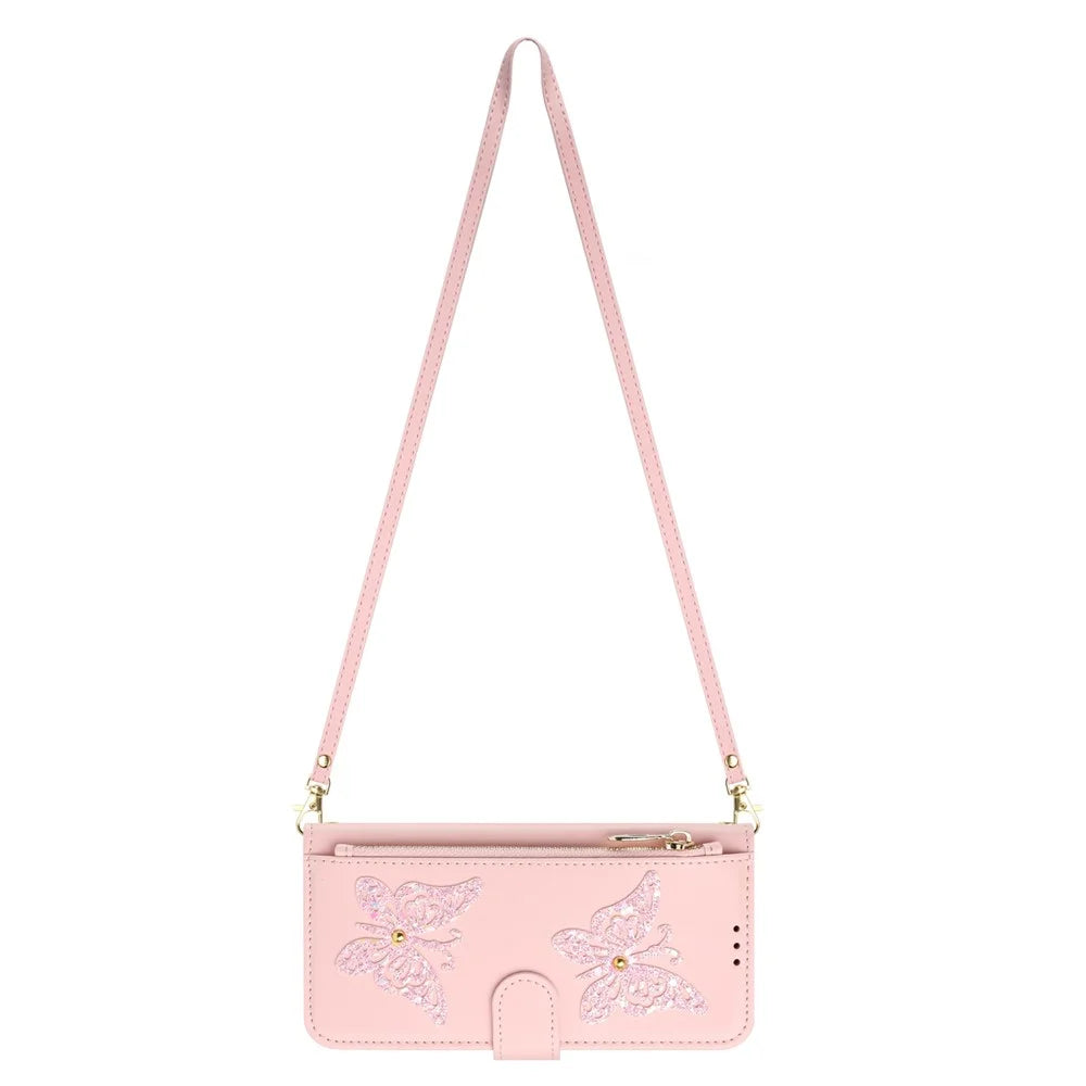 For Samsung Galaxy A27 5G Case Glitter Butterfly Zipper Pocket Stand Leather Phone Cover with Hand Strap  /  Shoulder Strap - Pink - 5