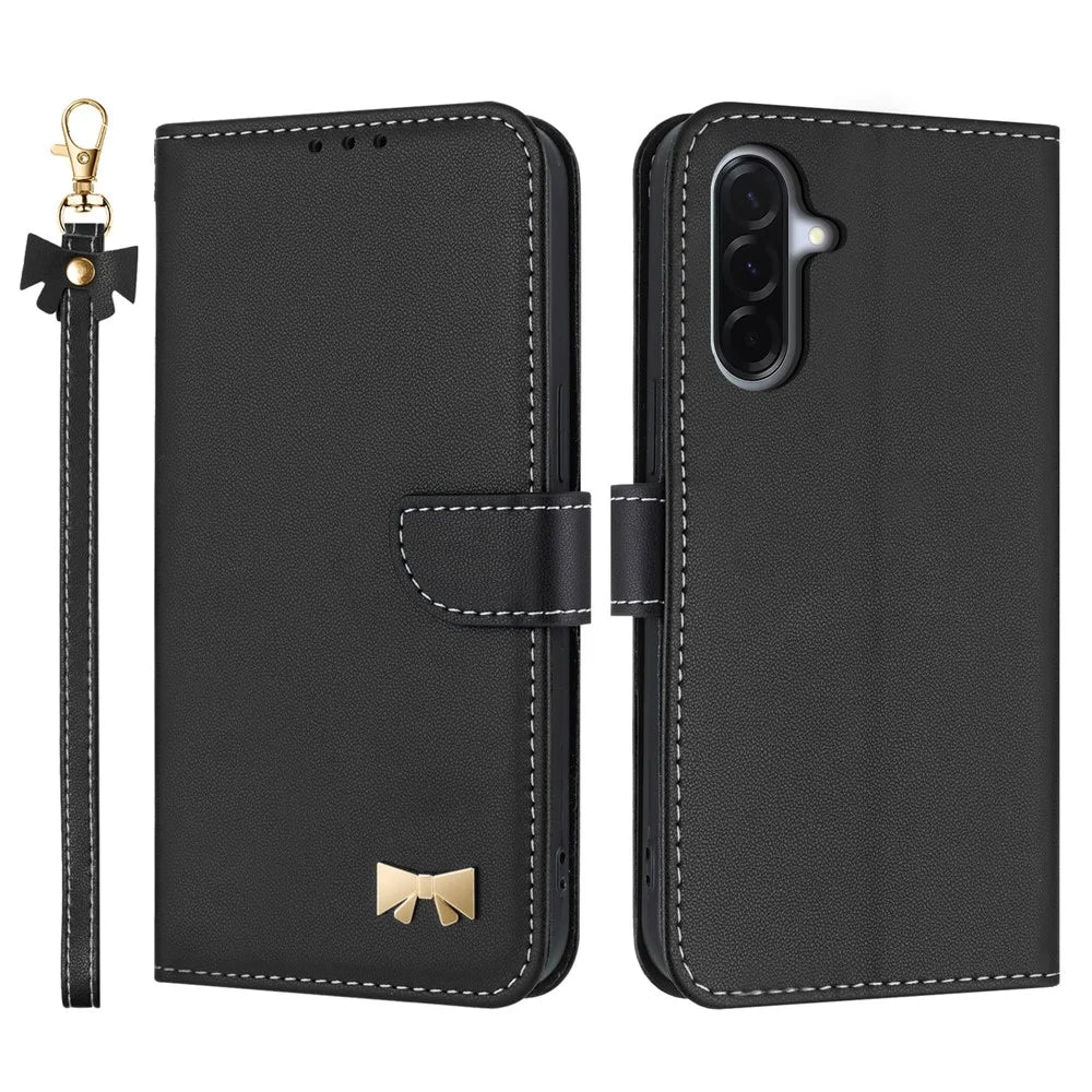 For Samsung Galaxy A27 5G Case Bowknot Decor Wallet Leather Phone Cover with Wrist Strap / Shoulder Strap - Black - 1