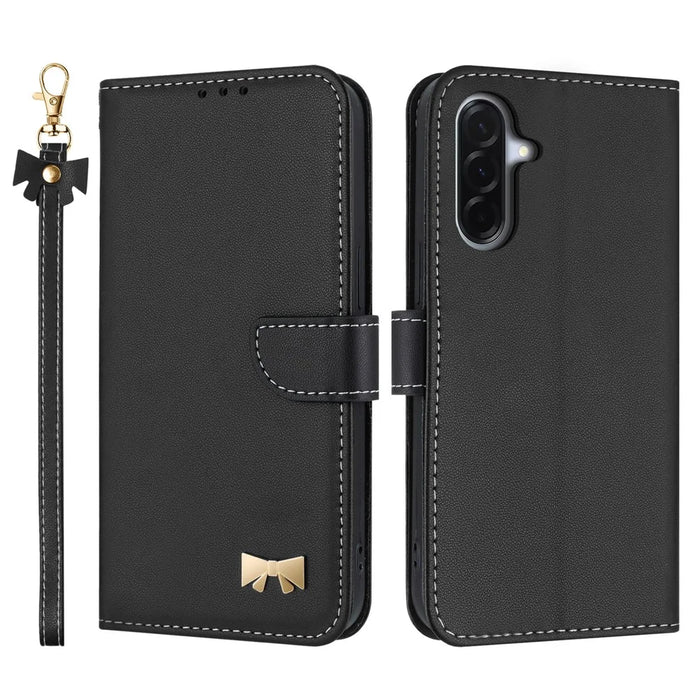 For Samsung Galaxy A27 5G Case Bowknot Decor Wallet Leather Phone Cover with Wrist Strap / Shoulder Strap - Black - 1