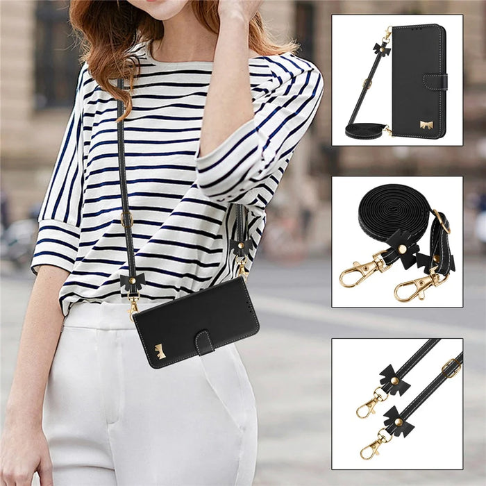 For Samsung Galaxy A27 5G Case Bowknot Decor Wallet Leather Phone Cover with Wrist Strap / Shoulder Strap - Black - 4