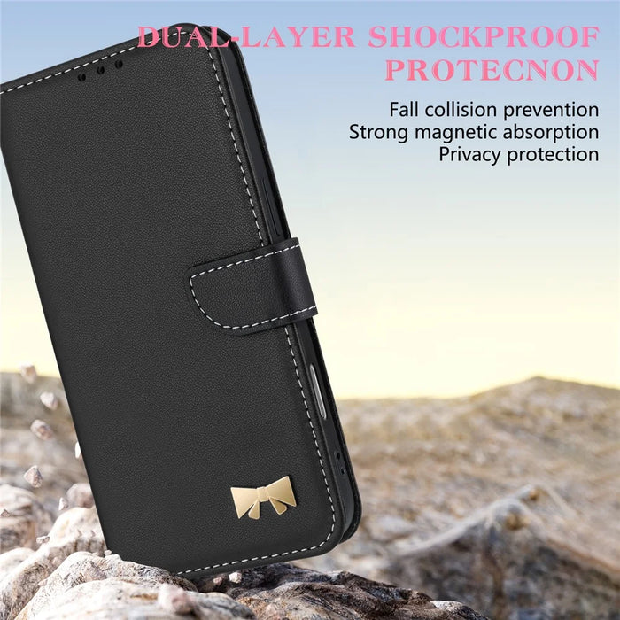 For Samsung Galaxy A27 5G Case Bowknot Decor Wallet Leather Phone Cover with Wrist Strap / Shoulder Strap - Black - 5