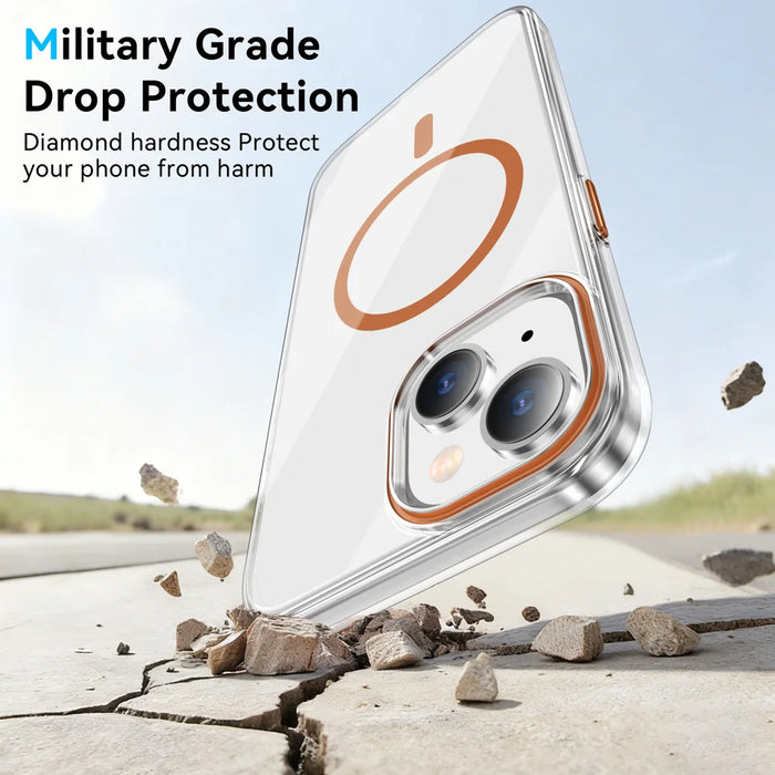For iPhone 15 Clear Magnetic Case PC Anti Drop Phone Back Cover Compatible with MagSafe - Orange - 4