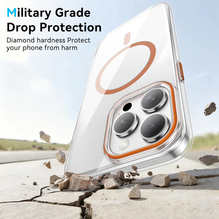 For iPhone 14 Pro Clear Magnetic Case PC Anti Drop Phone Back Cover Compatible with MagSafe - Orange - 4
