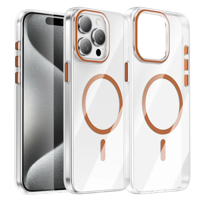 For iPhone 15 Pro Clear Magnetic Case PC Anti Drop Phone Back Cover Compatible with MagSafe - Orange - 1