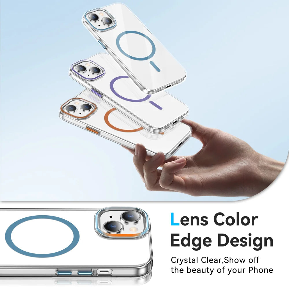 For iPhone 14 Plus Clear Magnetic Case PC Anti Drop Phone Back Cover Compatible with MagSafe - Orange - 5