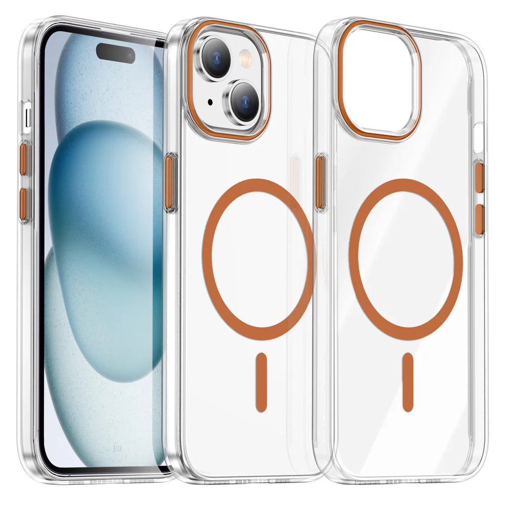 For iPhone 13 Clear Magnetic Case PC Anti Drop Phone Back Cover Compatible with MagSafe - Orange - 1