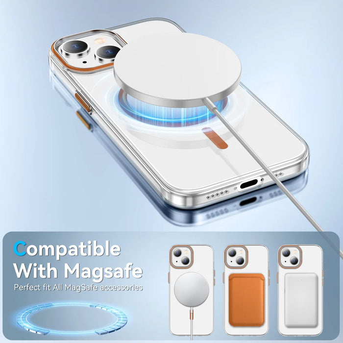 For iPhone 13 Clear Magnetic Case PC Anti Drop Phone Back Cover Compatible with MagSafe - Orange - 3