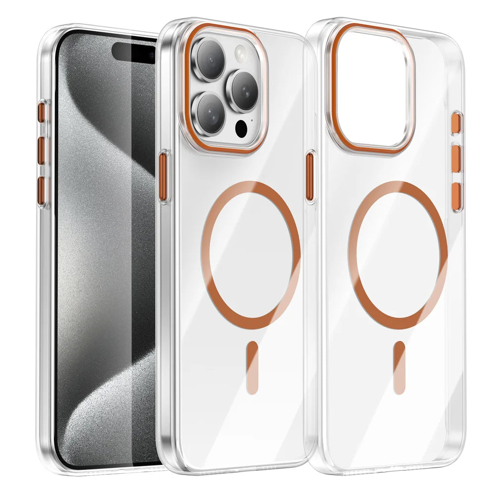 For iPhone 13 Pro Max Clear Magnetic Case PC Anti Drop Phone Back Cover Compatible with MagSafe - Orange - 1