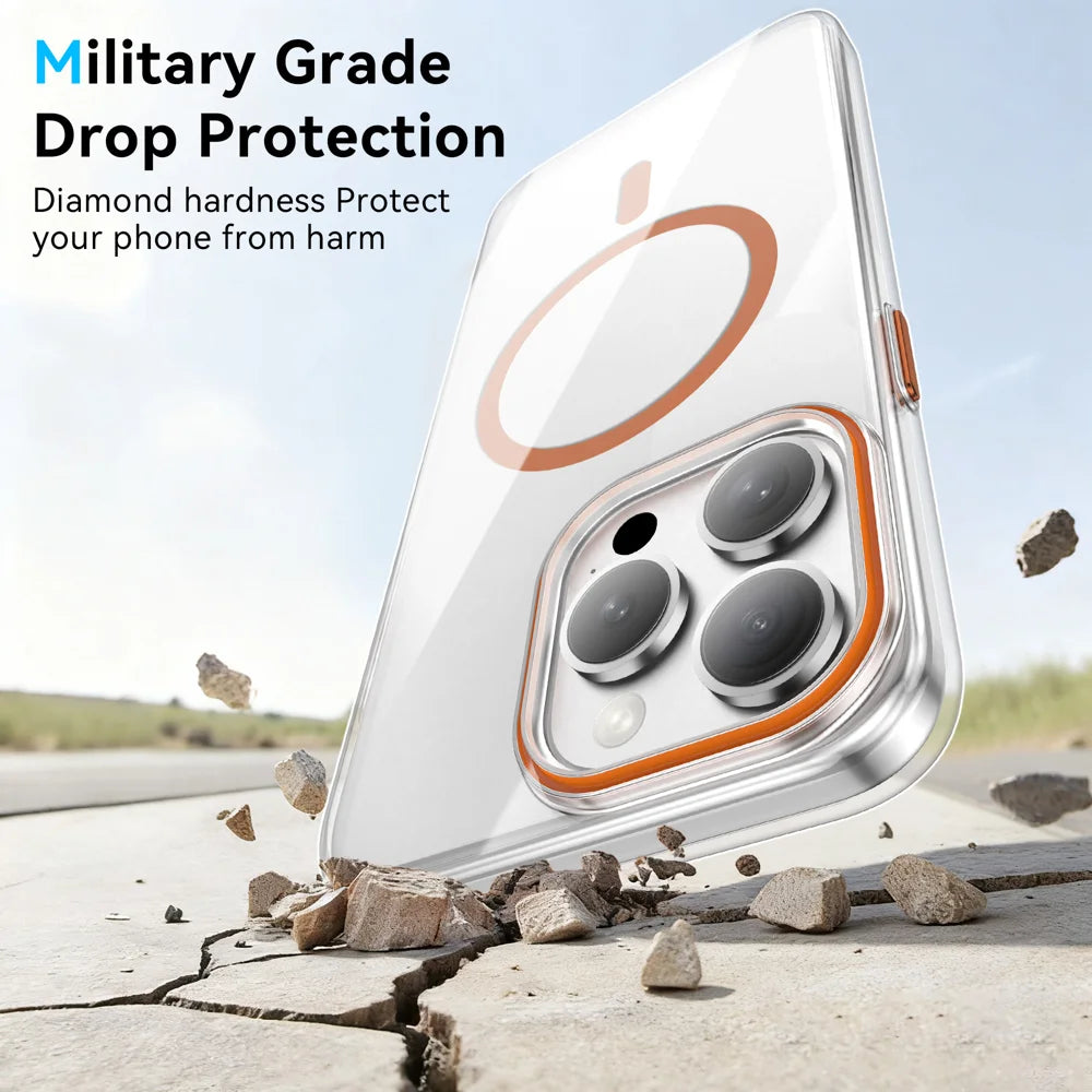 For iPhone 13 Pro Max Clear Magnetic Case PC Anti Drop Phone Back Cover Compatible with MagSafe - Orange - 4