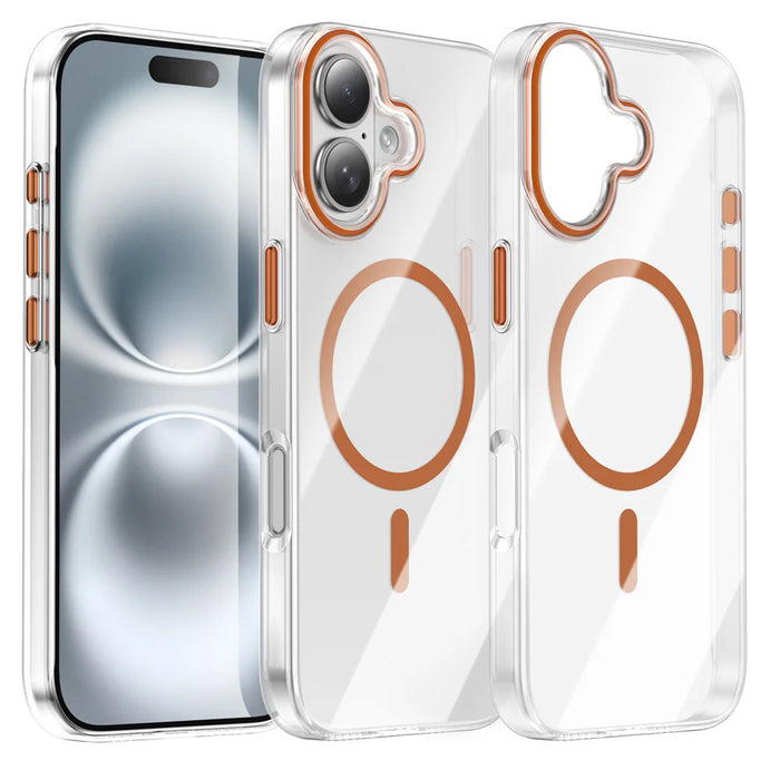 For iPhone 16 Plus Clear Magnetic Case PC Anti Drop Phone Back Cover Compatible with MagSafe - Orange - 1