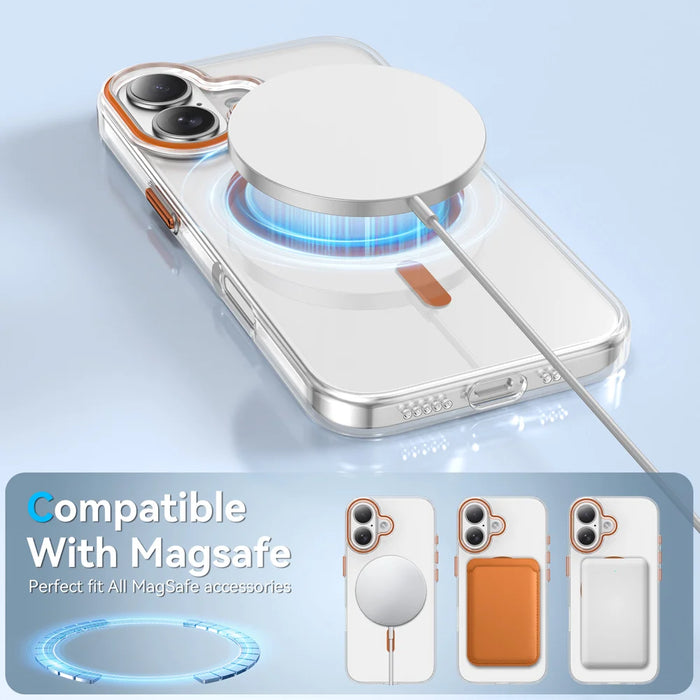 For iPhone 16 Plus Clear Magnetic Case PC Anti Drop Phone Back Cover Compatible with MagSafe - Orange - 3